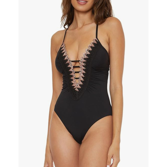 BECCA Women's Layla Plunge One-Piece Swimsuit Large Black Open Back NWT - Picture 1 of 12